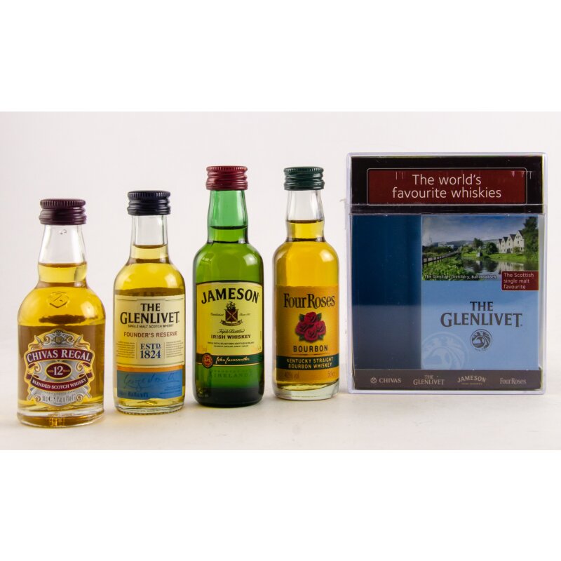 The world`s favourite whiskies / je 5cl Jameson, Four Roses, Chivas Regal 12 y.o. & The Glenlivet Founder`s Reserve 0,20 Liter 40%
